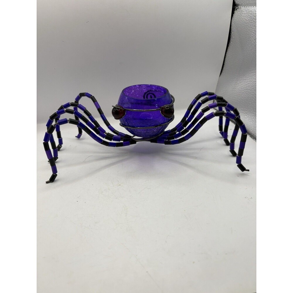 Halloween Black Purple Beaded Glass Spider  Votive Tea Light Candle Holder 10”